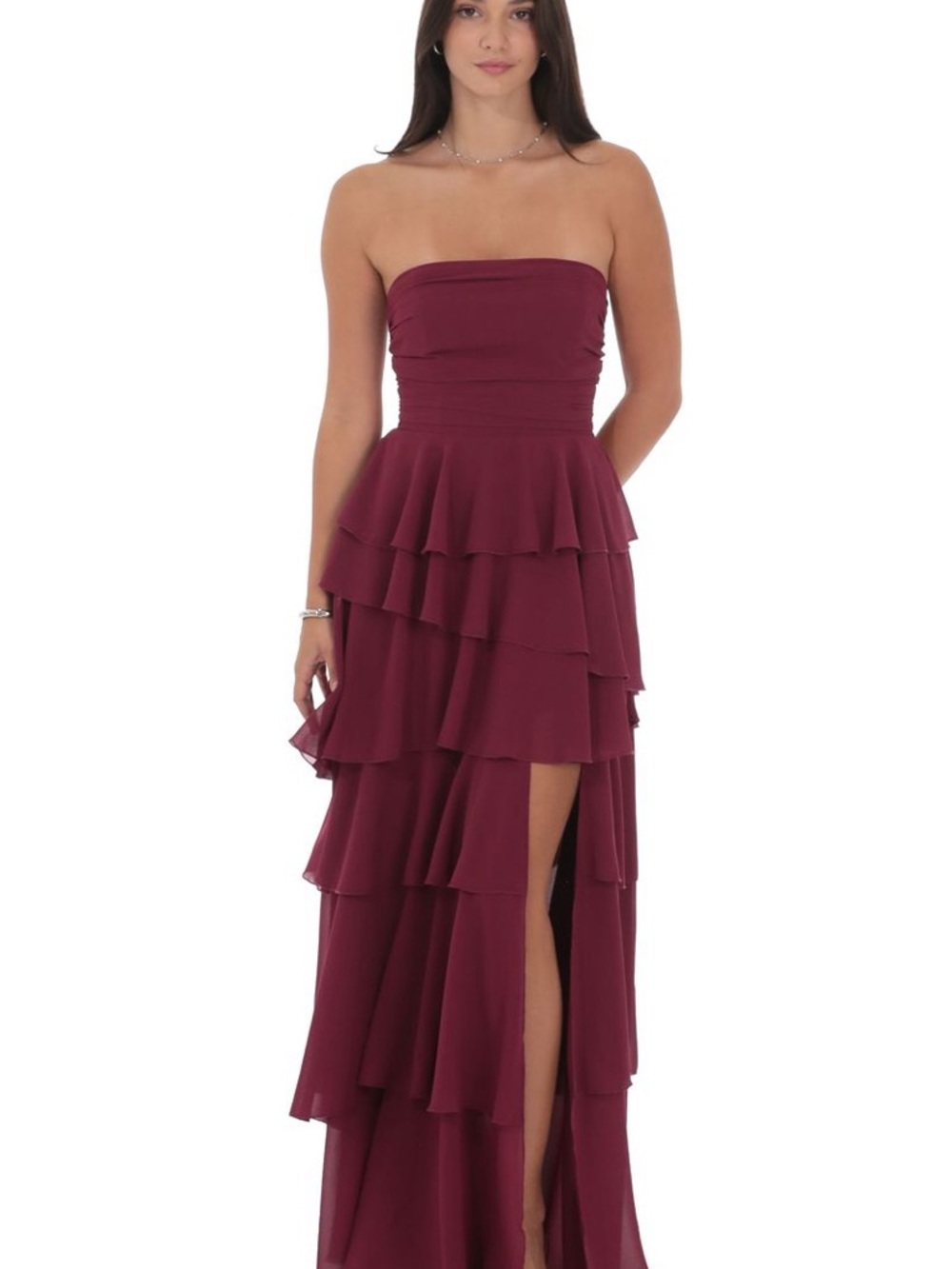 Lucy in the Sky Strapless Tiered Ruffle Maxi Dress - Burgundy